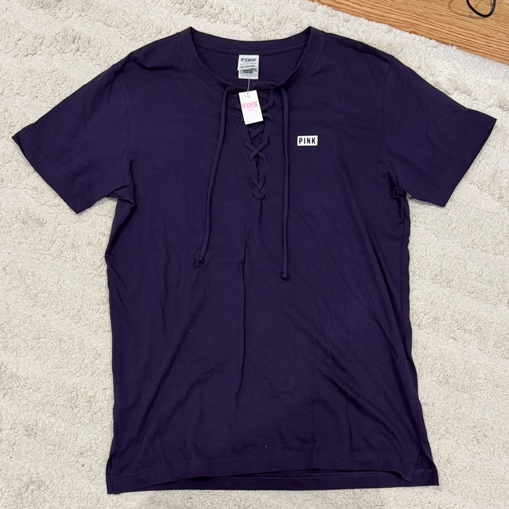 NWT PINK Victoria's Secret Lace-Up Short Sleeve Tee Size XS- Dark Purple